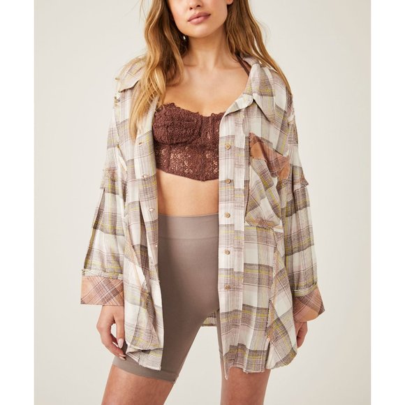 FREE PEOPLE Fallin' For Flannel Sleep Shirt / Olay and Gren Combo - Picture 1 of 5